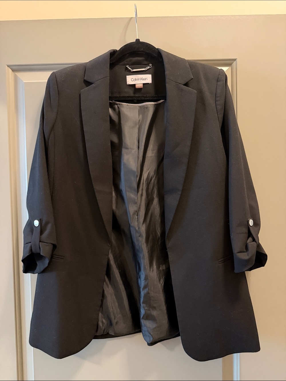 Calvin Klein Black Open-Front Blazer with Rolled Sleeve Tabs